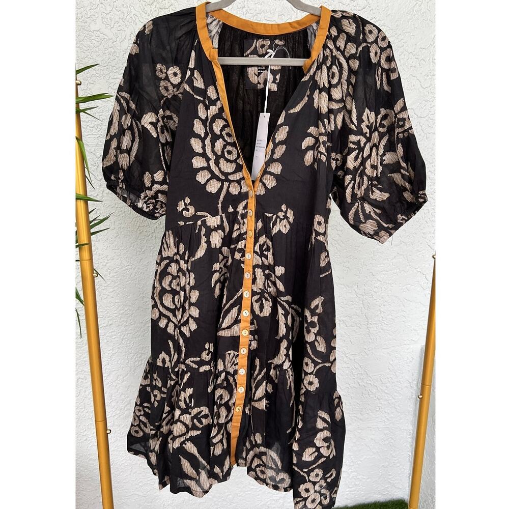 Anthropologie Black Mini Dress with Cream Floral Print and Mustard Trim